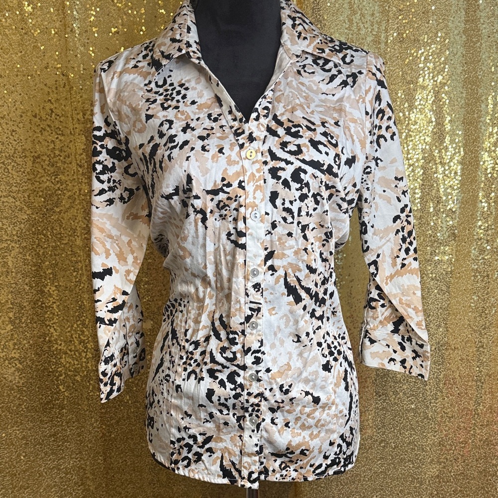 212 Collection Stretch Button Up 3/4 Sleeve Blouse Animal Print